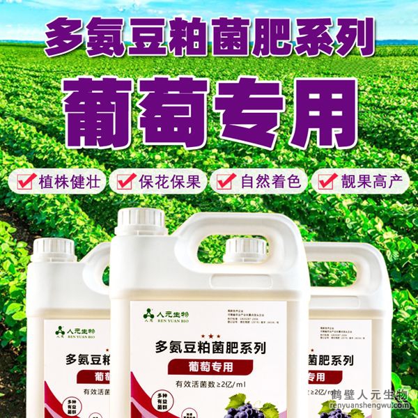 多氨豆粕菌肥系列葡萄专用肥由河南省微生物菌剂工程技术研究中心研制，鹤壁市人元生物技术发展有限公司生产，本品是以固态发酵豆粕为主要原料，豆粕经过有益微生物菌种发酵分解，充分释放游离氨基酸，同时辅以枯草、地衣、胶冻样芽孢杆菌等有益菌群。
